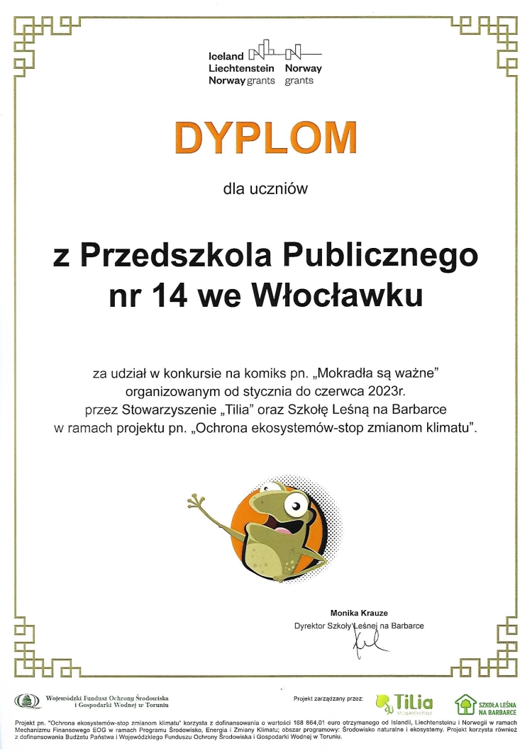Dyplom za udział w konkursie ''Mokradła są ważne'' - Przedszkole