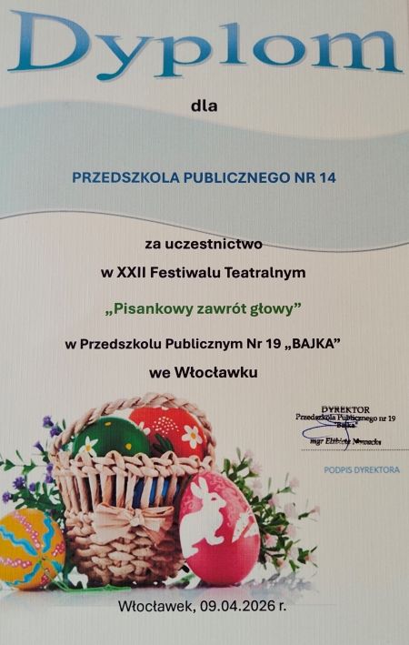 Dyplom dla Przedszkola Publicznego nr 14